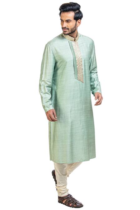 Poonam Kasera_Blue Moonga Silk Embroidered Kurta Set_Online_at_Aza_Fashions