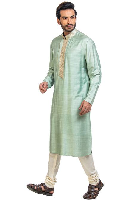 Buy_Poonam Kasera_Blue Moonga Silk Embroidered Kurta Set_Online_at_Aza_Fashions