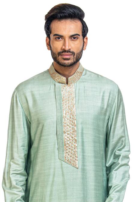 Shop_Poonam Kasera_Blue Moonga Silk Embroidered Kurta Set_Online_at_Aza_Fashions