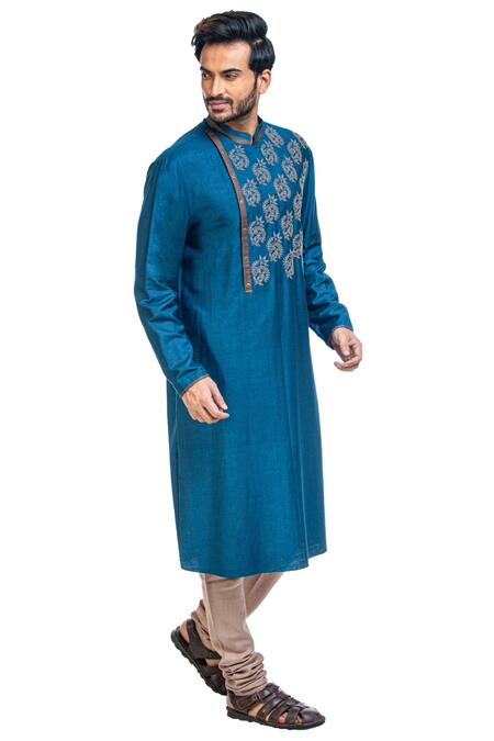 Poonam Kasera_Blue Moonga Silk Embroidered Kurta Set_Online_at_Aza_Fashions