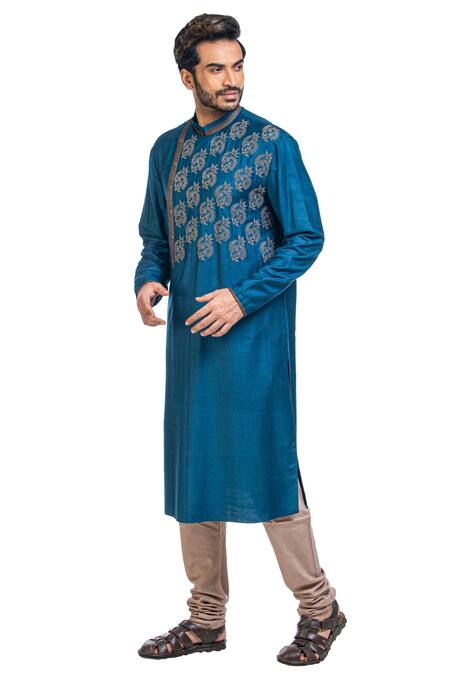 Buy_Poonam Kasera_Blue Moonga Silk Embroidered Kurta Set_Online_at_Aza_Fashions