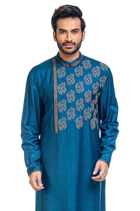 Shop_Poonam Kasera_Blue Moonga Silk Embroidered Kurta Set_Online_at_Aza_Fashions