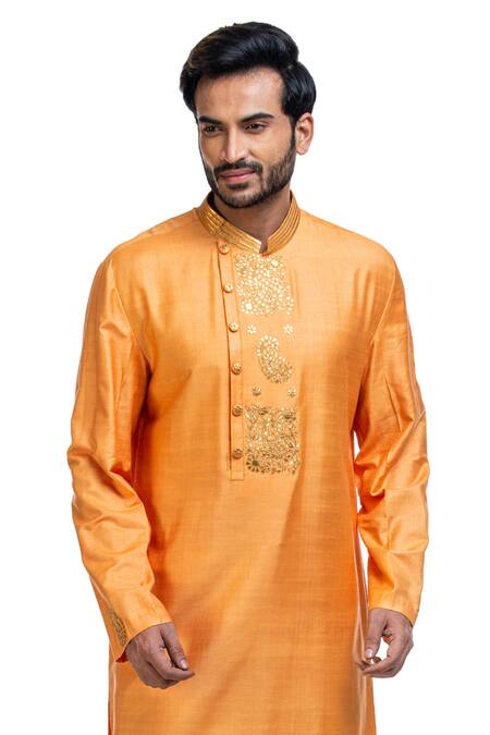 Shop_Poonam Kasera_Orange Moonga Silk Embroidered Kurta Set_Online_at_Aza_Fashions