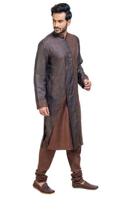 Poonam Kasera_Brown Moonga Silk Embroidered Layered Kurta Set_Online_at_Aza_Fashions