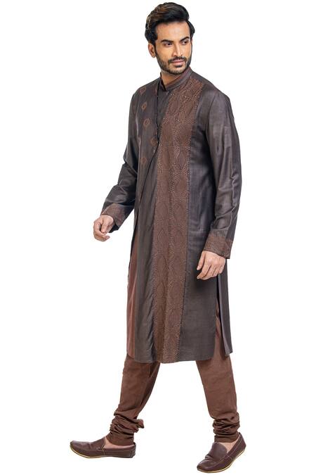 Buy_Poonam Kasera_Brown Moonga Silk Embroidered Layered Kurta Set_Online_at_Aza_Fashions