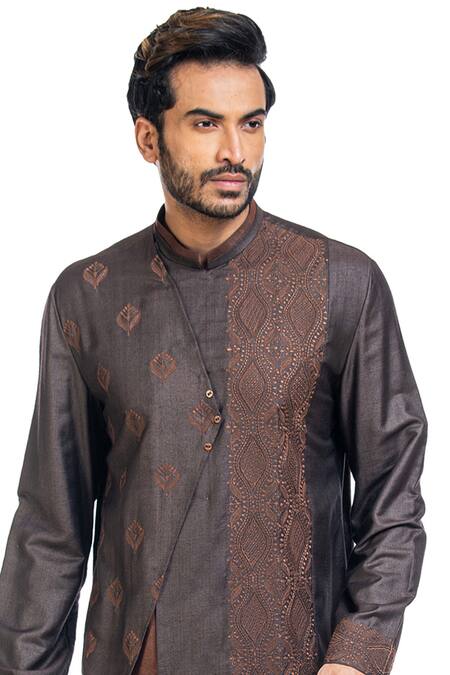 Shop_Poonam Kasera_Brown Moonga Silk Embroidered Layered Kurta Set_Online_at_Aza_Fashions