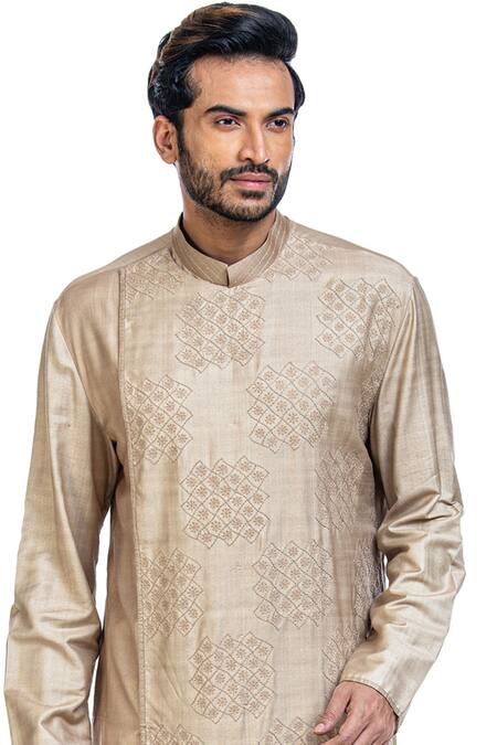 Shop_Poonam Kasera_Beige Moonga Silk Embroidered Kurta Set_Online_at_Aza_Fashions