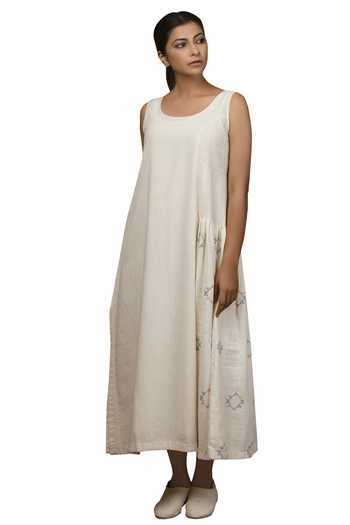 Purvi Doshi_Off White Kala Cotton Round Flared Midi Dress_Online_at_Aza_Fashions