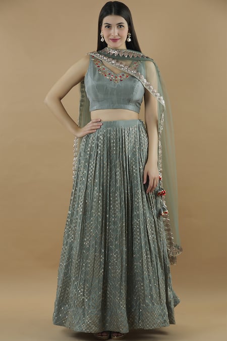 Buy Grey Blouse: Opada Silk;lehenga: Chiffon;dupatta: Net Embroidered ...