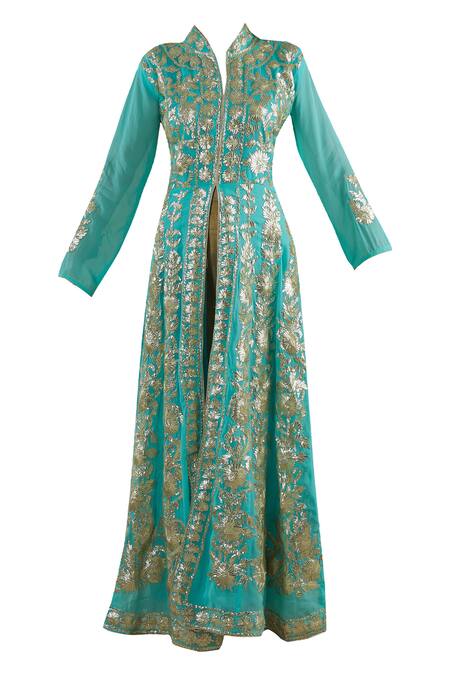 Shop Kunwarani Ritu Blue Georgette Band Embroidered Anarkali With Dupatta Online at Aza Fashions Shop_Kunwarani Ritu_Blue Georgette Band Embroidered Anarkali With Dupatta _Online_at_Aza_Fashions