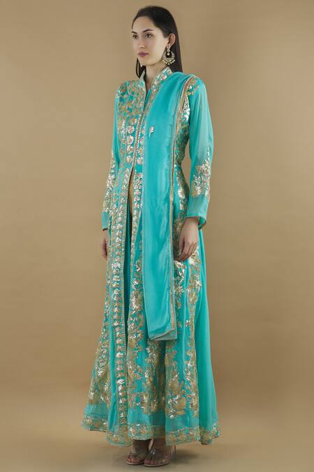 Buy Kunwarani Ritu Blue Georgette Band Embroidered Anarkali With Dupatta Online at Aza Fashions Buy_Kunwarani Ritu_Blue Georgette Band Embroidered Anarkali With Dupatta _Online_at_Aza_Fashions