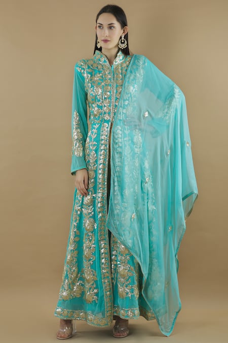 Kunwarani Ritu Blue Georgette Band Embroidered Anarkali With Dupatta