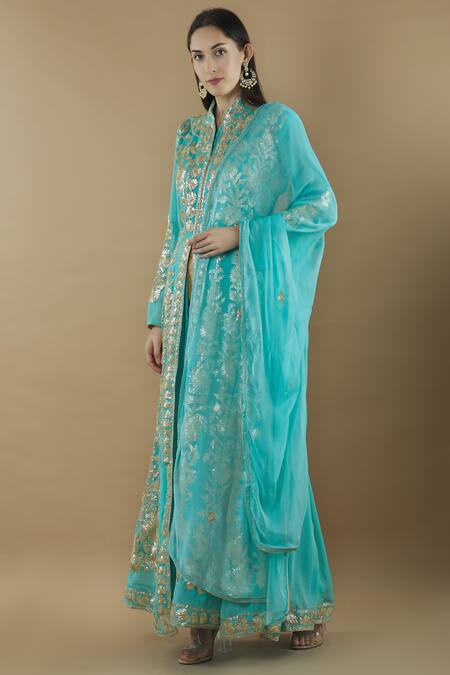 Kunwarani Ritu Blue Georgette Band Embroidered Anarkali With Dupatta Online at Aza Fashions Kunwarani Ritu_Blue Georgette Band Embroidered Anarkali With Dupatta _Online_at_Aza_Fashions