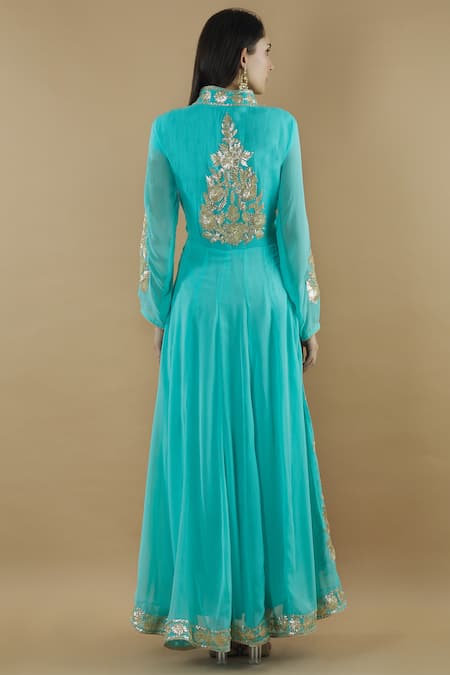 Shop Kunwarani Ritu Blue Georgette Band Embroidered Anarkali With Dupatta at Aza Fashions Shop_Kunwarani Ritu_Blue Georgette Band Embroidered Anarkali With Dupatta _at_Aza_Fashions