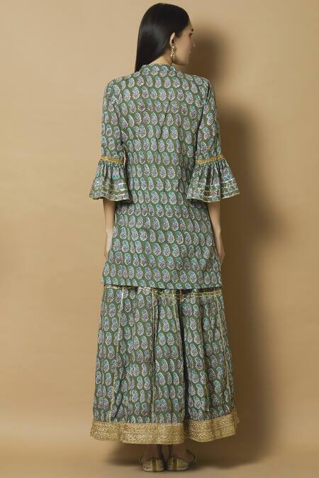 Shop Kunwarani Ritu Green Cotton Band Printed Kurta Lehenga Set at Aza Fashions Shop_Kunwarani Ritu_Green Cotton Band Printed Kurta Lehenga Set _at_Aza_Fashions