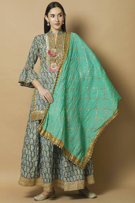 Kunwarani Ritu Green Cotton Band Printed Kurta Lehenga Set Online at Aza Fashions Kunwarani Ritu_Green Cotton Band Printed Kurta Lehenga Set _Online_at_Aza_Fashions