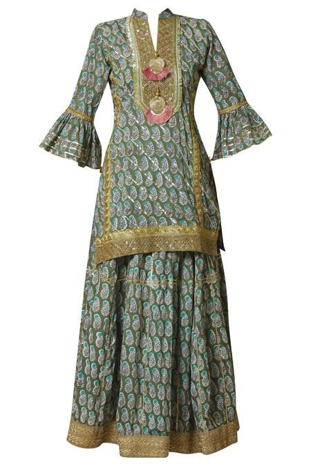 Buy Kunwarani Ritu Green Cotton Band Printed Kurta Lehenga Set Online at Aza Fashions Buy_Kunwarani Ritu_Green Cotton Band Printed Kurta Lehenga Set _Online_at_Aza_Fashions