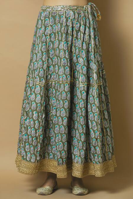 Shop Kunwarani Ritu Green Cotton Band Printed Kurta Lehenga Set Online at Aza Fashions Shop_Kunwarani Ritu_Green Cotton Band Printed Kurta Lehenga Set _Online_at_Aza_Fashions