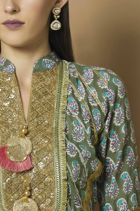 Kunwarani Ritu Green Cotton Band Printed Kurta Lehenga Set at Aza Fashions Kunwarani Ritu_Green Cotton Band Printed Kurta Lehenga Set _at_Aza_Fashions