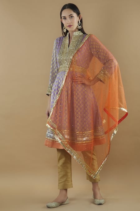 Kunwarani Ritu Purple Georgette Band Embroidered Short Anarkali With Dupatta Online at Aza Fashions Kunwarani Ritu_Purple Georgette Band Embroidered Short Anarkali With Dupatta _Online_at_Aza_Fashions