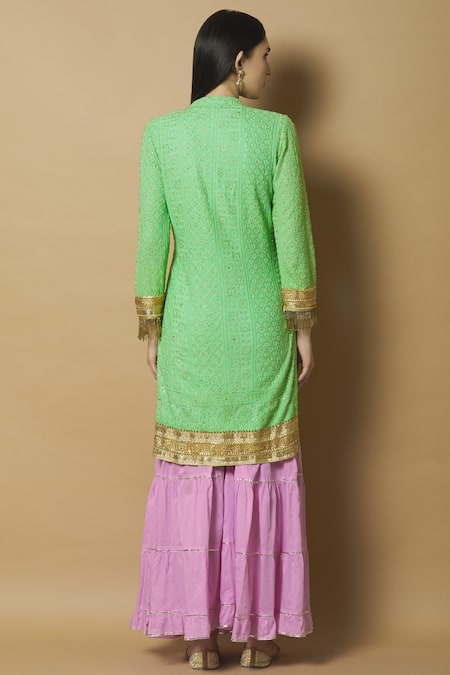 Shop Kunwarani Ritu Green Georgette Band Chikankari Kurta Sharara Set at Aza Fashions Shop_Kunwarani Ritu_Green Georgette Band Chikankari Kurta Sharara Set _at_Aza_Fashions