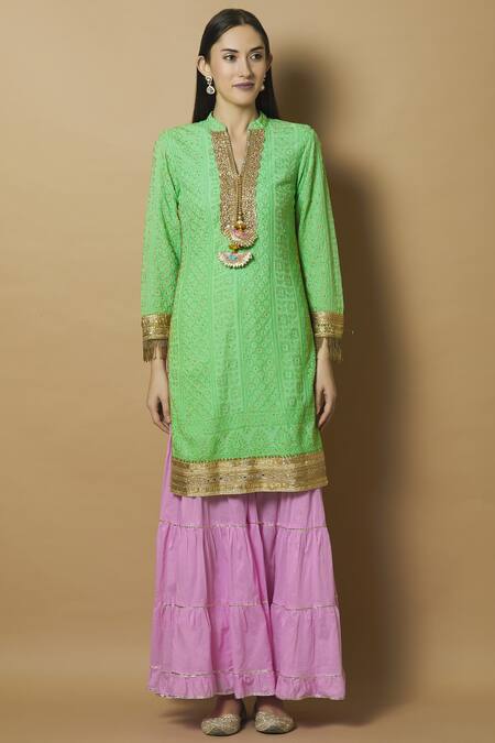 Buy Kunwarani Ritu Green Georgette Band Chikankari Kurta Sharara Set Online at Aza Fashions Buy_Kunwarani Ritu_Green Georgette Band Chikankari Kurta Sharara Set _Online_at_Aza_Fashions