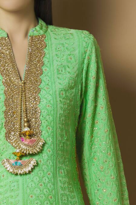 Kunwarani Ritu Green Georgette Band Chikankari Kurta Sharara Set at Aza Fashions Kunwarani Ritu_Green Georgette Band Chikankari Kurta Sharara Set _at_Aza_Fashions