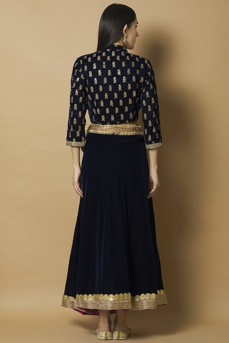Shop Kunwarani Ritu Blue Velvet Band Embellished Lehenga Set at Aza Fashions Shop_Kunwarani Ritu_Blue Velvet Band Embellished Lehenga Set _at_Aza_Fashions