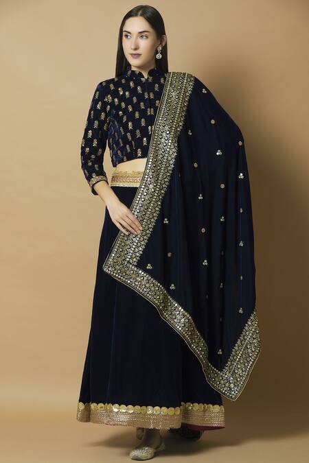 Kunwarani Ritu Blue Velvet Band Embellished Lehenga Set Online at Aza Fashions Kunwarani Ritu_Blue Velvet Band Embellished Lehenga Set _Online_at_Aza_Fashions