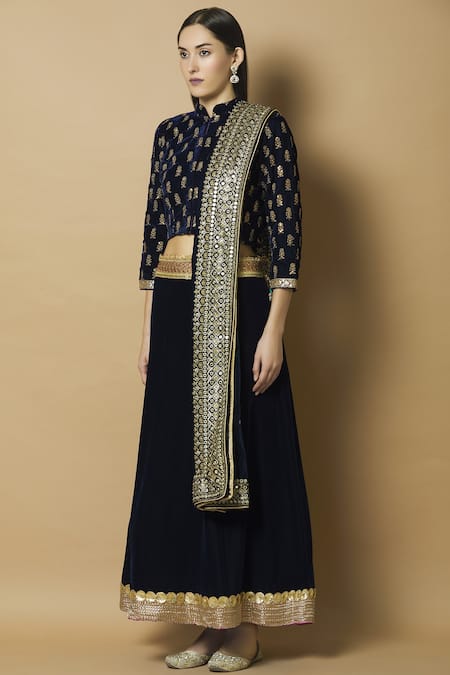 Buy Kunwarani Ritu Blue Velvet Band Embellished Lehenga Set Online at Aza Fashions Buy_Kunwarani Ritu_Blue Velvet Band Embellished Lehenga Set _Online_at_Aza_Fashions