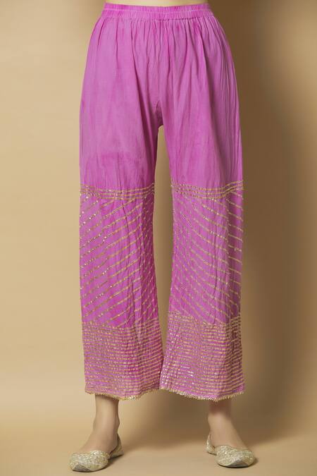 Shop_Kunwarani Ritu_Pink Chikankari V Neck Kurta Palazzo Set  _Online_at_Aza_Fashions