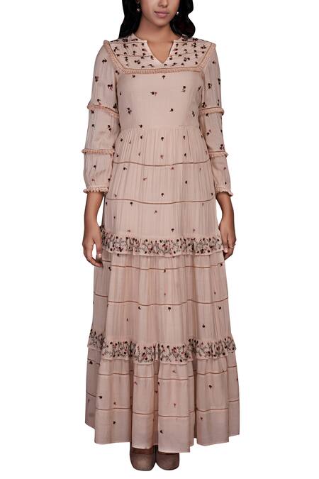 SHASHA GABA Pink Cotton Round Embroidered Gown Online at Aza Fashions SHASHA GABA_Pink Cotton Round Embroidered Gown_Online_at_Aza_Fashions