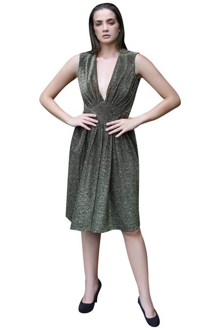 Swatee Singh Gold Lurex V Neck Fit And Flare Dress Online at Aza Fashions Swatee Singh_Gold Lurex V Neck Fit And Flare Dress _Online_at_Aza_Fashions