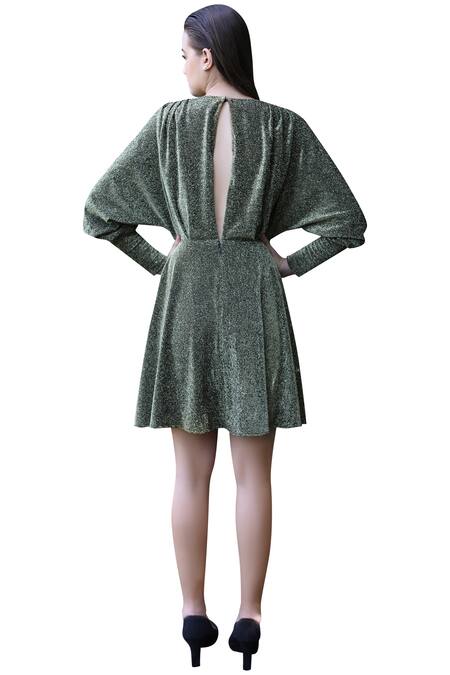 Shop_Swatee Singh_Gold Lurex V Neck Fit And Flare Dress _at_Aza_Fashions