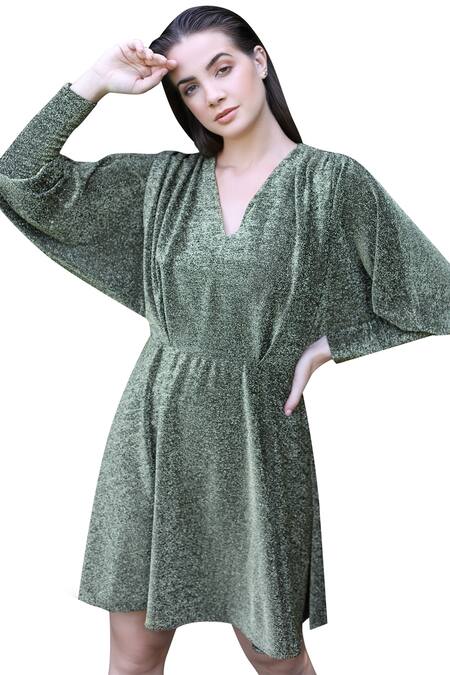 Swatee Singh_Gold Lurex V Neck Fit And Flare Dress _Online_at_Aza_Fashions