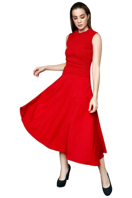 Swatee Singh Red Crepe Round Flared Midi Dress Online at Aza Fashions Swatee Singh_Red Crepe Round Flared Midi Dress _Online_at_Aza_Fashions