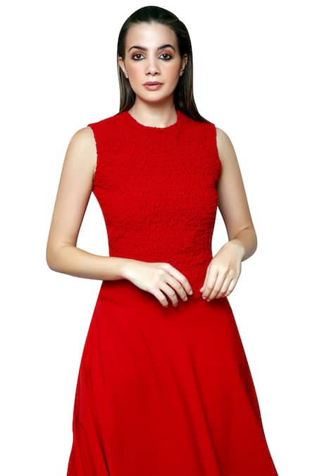 Buy Swatee Singh Red Crepe Round Flared Midi Dress Online at Aza Fashions Buy_Swatee Singh_Red Crepe Round Flared Midi Dress _Online_at_Aza_Fashions