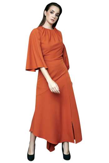Buy_Swatee Singh_Orange Crepe Flared Slit Dress_Online_at_Aza_Fashions