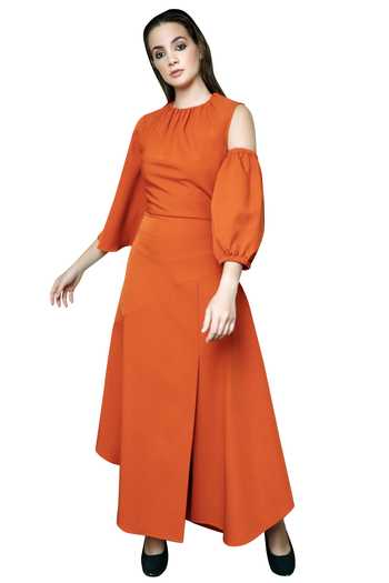 Swatee Singh_Orange Crepe Flared Slit Dress_Online_at_Aza_Fashions