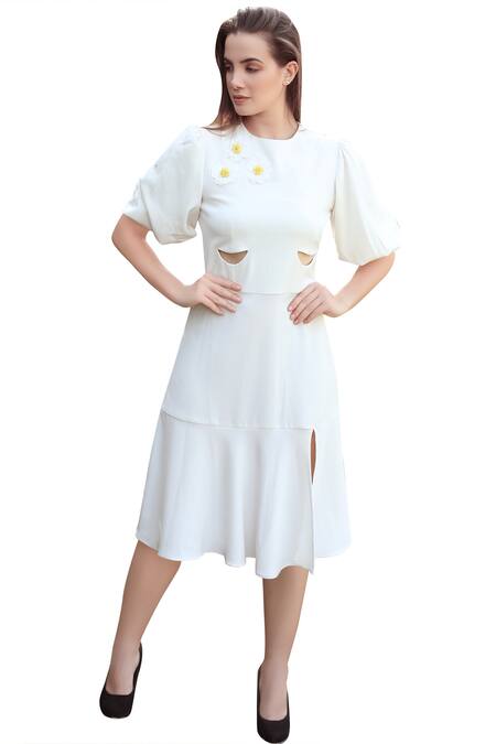 Swatee Singh_Off White Crepe Round Embroidered Slit Dress _Online_at_Aza_Fashions