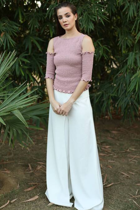 Buy_Swatee Singh_Pink Crepe Round Cold Shoulder Top _Online_at_Aza_Fashions