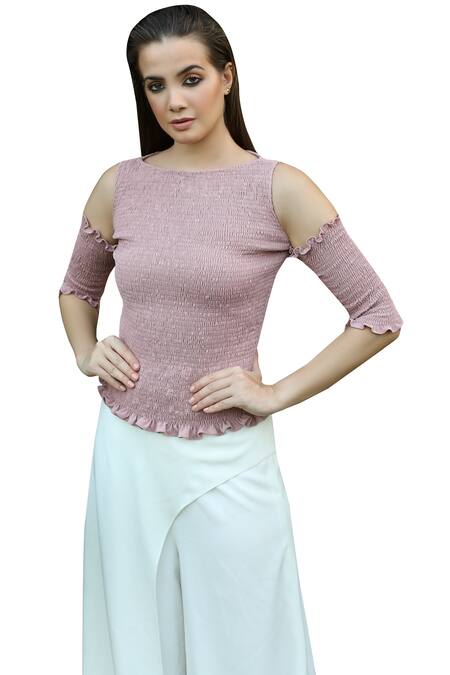 Shop_Swatee Singh_Pink Crepe Round Cold Shoulder Top _Online_at_Aza_Fashions