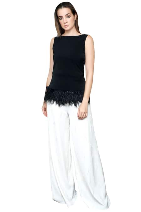 Swatee Singh_Black Crepe Round Fringe Top _Online_at_Aza_Fashions
