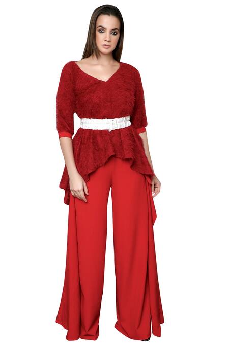 Swatee Singh_Red Faux Fur V Neck Asymmetrical Top _Online_at_Aza_Fashions