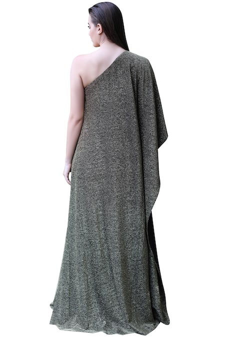Shop_Swatee Singh_Gold Lurex Asymmetric One Shoulder Gown _at_Aza_Fashions
