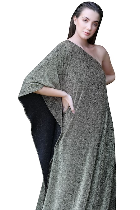 Swatee Singh_Gold Lurex Asymmetric One Shoulder Gown _Online_at_Aza_Fashions