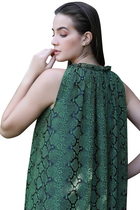 Buy_Swatee Singh_Green Chiffon Halter Printed Gown_Online_at_Aza_Fashions