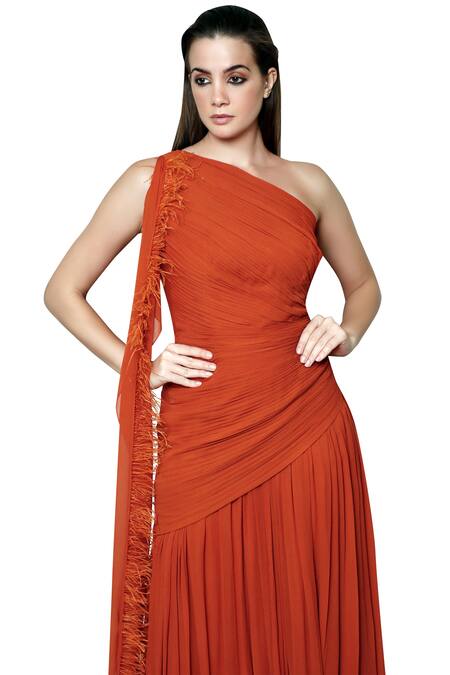 Swatee Singh_Orange Georgette Asymmetric One Shoulder Gown _Online_at_Aza_Fashions
