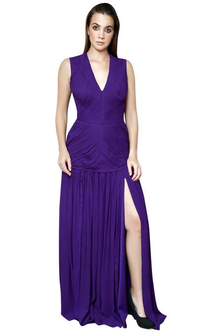Buy Swatee Singh Purple Georgette V Neck Pleated Gown Online at Aza Fashions Buy_Swatee Singh_Purple Georgette V Neck Pleated Gown _Online_at_Aza_Fashions