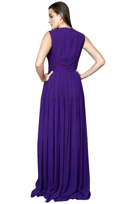 Shop Swatee Singh Purple Georgette V Neck Pleated Gown at Aza Fashions Shop_Swatee Singh_Purple Georgette V Neck Pleated Gown _at_Aza_Fashions